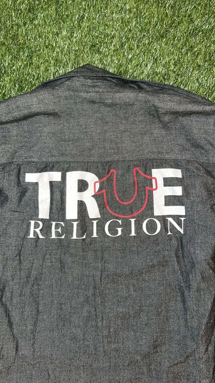 True Religion Men's Gray Long Sleeve Button-Up Shirt with Sleeve Logo
